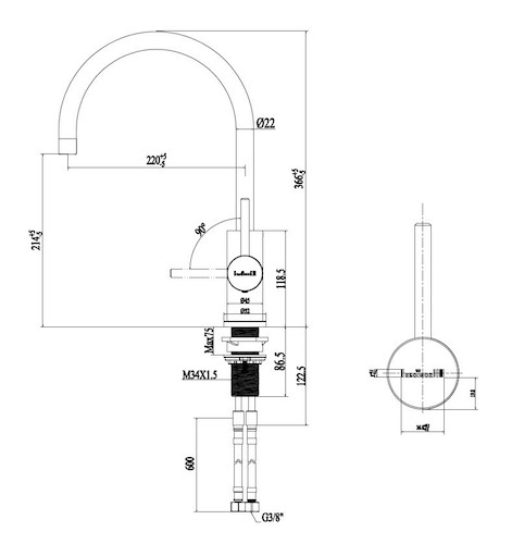 Maattekening Reginox Spring RVS keukenkraan